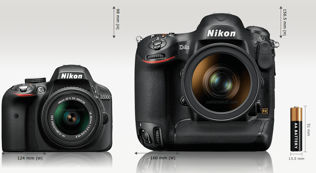 L'entrée de gamme comparée au super pro de Nikon - © Camerasize